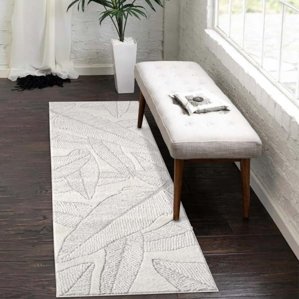 Teppich Läufer - 80x150cm Creme-Grau Bodenbelag Hochtief Struktur Flachflor - Florales Muster Boho Design Wohnteppich