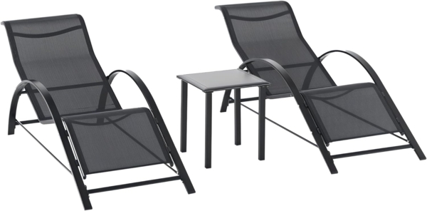 Outsunny Gartenliege Sonnenliege-Set mit Tisch, 2 Liegestühlen, Liege, 3 St, Relaxliege, für Balkon, Terrasse, Schwarz