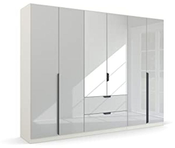 Kleiderschrank Drehtürenschrank Modern | 6-türig | mit Spiegeltüren & Schubkästen | glasweiß / alpinweiß | 271x210