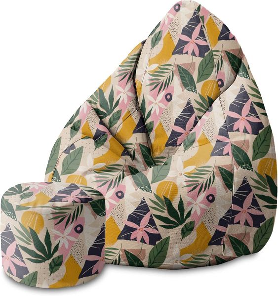 DreamRoots Bean Bag 80 x 80 x 120 cm - Sitzsack mit Lehne und Hocker und Bezug - mit Füllung, Collage Floral