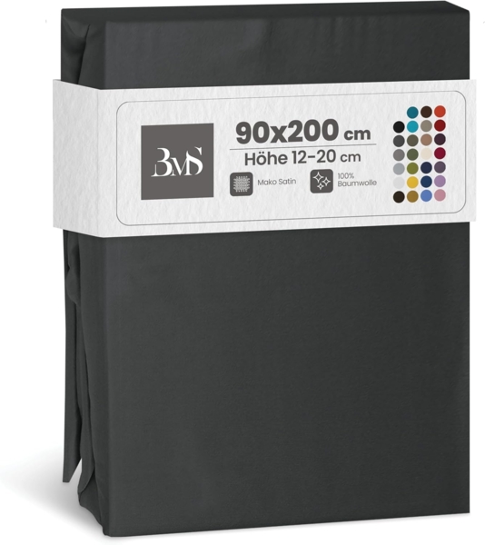 Bettwaesche-mit-Stil Mako-Satin Spannbettlaken anthrazit 90x200 cm, Höhe 20 cm