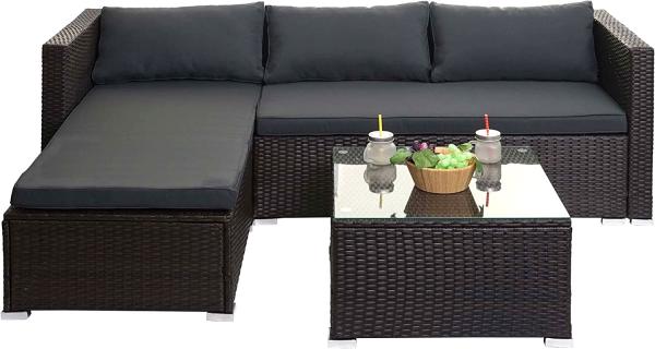 Poly-Rattan Garnitur HWC-F57, Balkon-/Garten-/Lounge-Set Sofa Sitzgruppe ~ braun, Kissen dunkelgrau ohne Deko-Kissen