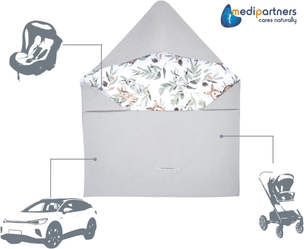 Medi Partners Einschlagdecke Baby Babyschale 100% Baumwolle für Sommer 85x85 cm Kinderwagen Kuscheldecke universal Baby Decke Einschlagdecken Babydecke Buggy Autositz (Hirsch mit grauem Waffel) Bild 6