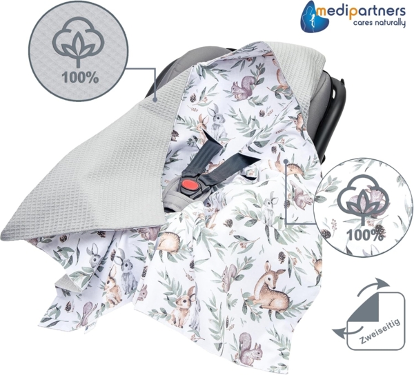 Medi Partners Einschlagdecke Baby Babyschale 100% Baumwolle für Sommer 85x85 cm Kinderwagen Kuscheldecke universal Baby Decke Einschlagdecken Babydecke Buggy Autositz (Hirsch mit grauem Waffel) Bild 4