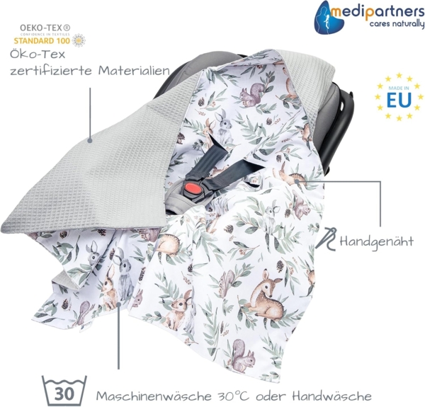 Medi Partners Einschlagdecke Baby Babyschale 100% Baumwolle für Sommer 85x85 cm Kinderwagen Kuscheldecke universal Baby Decke Einschlagdecken Babydecke Buggy Autositz (Hirsch mit grauem Waffel) Bild 2