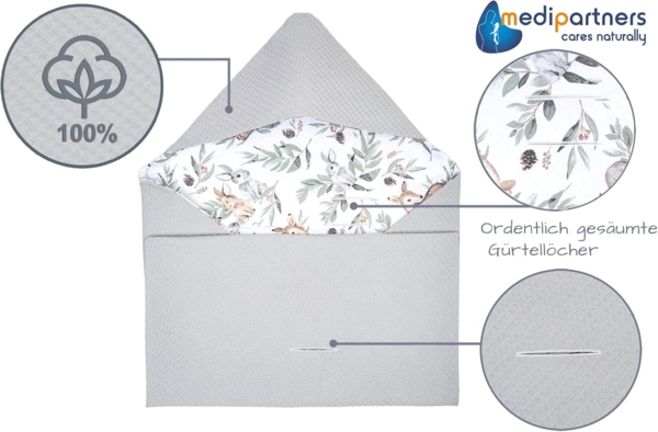Medi Partners Einschlagdecke Baby Babyschale 100% Baumwolle für Sommer 85x85 cm Kinderwagen Kuscheldecke universal Baby Decke Einschlagdecken Babydecke Buggy Autositz (Hirsch mit grauem Waffel) Bild 3