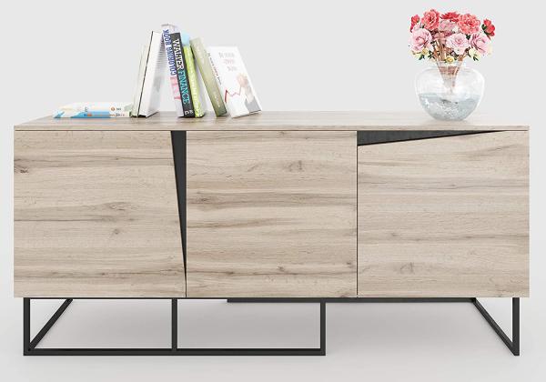 Carv - Sideboard mit 3 Türen, Push-Open-Beschläge, Wild Oak Holzdecor, Metallsockel, modernes Industrial-Design