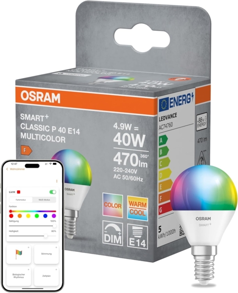Osram SMART+ Matter LED-Lampe P40 Miniballform 4.9W E14 RGBW, dimmbar, steuerbar per App & Sprache, kompatibel mit Alexa, Google, Apple, WiFi