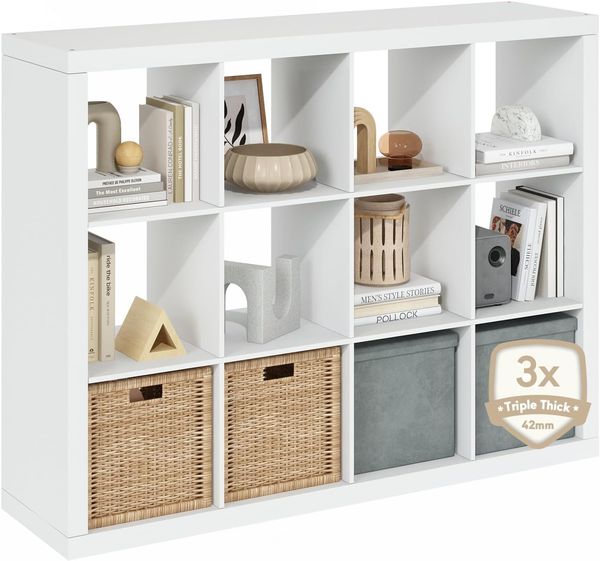 Furinno Cubicle Bücherregal, 12-Würfel Bücherregal, Cube-Organizer mit dreifach dickem Rahmen, Bookcase, 15.4 x 57.4 x 43.4, für Homeoffice, Wohnzimmer, Reinweiß