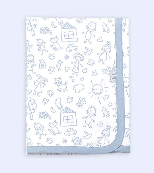 Ti TIN - weiche, saugfähige Babydecke, 80x75 cm | Krabbeldecke aus 100% Baumwolle mit doppellagigen Stoff, Babydecke fürs Auto, Wiege, Kinderwagen, Babyschale, etc, Kinder-Motiv, blau