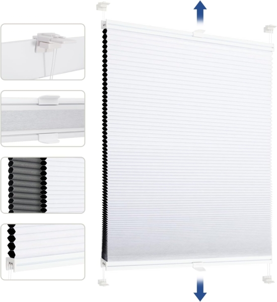 Sekey Wabenplissee Ohne Bohren Verdunkelung Rollo 100% verdunkelnd Blickdicht, Klemmfix, Aluminiumschiene, ZWeißeitig wählbar in Weiß & Grau 85x130cm (BxH)