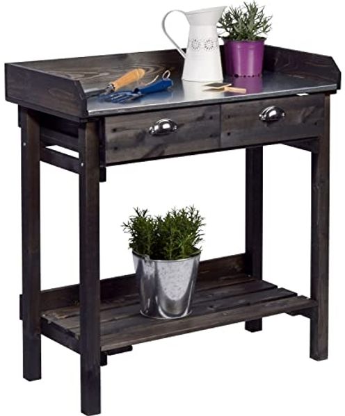 dobar® Design Pflanztisch mit 2 Schubladen | Gärtnertisch mit Ablageboden | Umtopftisch aus massivem Fichtenholz | Blumentisch für Garten/Terrasse/Balkon | 79 x 39 x 90 cm | Schwarz