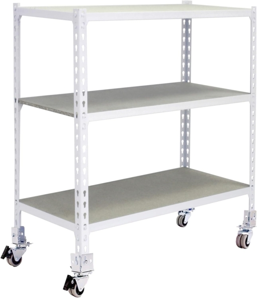 Simon Rack Schwerlastregal mit Rollen, 975 x 1000 x 300 mm, Bis 75 kg Belastbar, 3 Verstellbare Ablagen, MDF-Platten, Kellerregal, Lagerregal, Weiss/Holz - Maderclick Bild 1