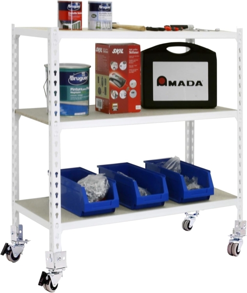 Simon Rack Schwerlastregal mit Rollen, 975 x 1000 x 300 mm, Bis 75 kg Belastbar, 3 Verstellbare Ablagen, MDF-Platten, Kellerregal, Lagerregal, Weiss/Holz - Maderclick Bild 4