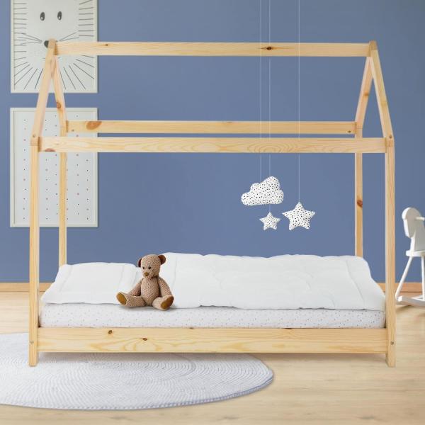 Kinderbett mit Dach und Lattenrost 80x160 cm Natur aus Kiefernholz ML-Design