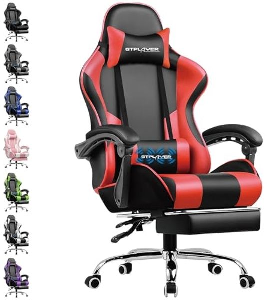 GTPLAYER Gaming Stuhl Bürostuhl Massage Gaming Sessel Ergonomischer Gamer Stuhl mit Fußstütze, Kopfstütze Massage-Lendenkissen, Gepolstert Gaming Chair, Drehsessel, rot