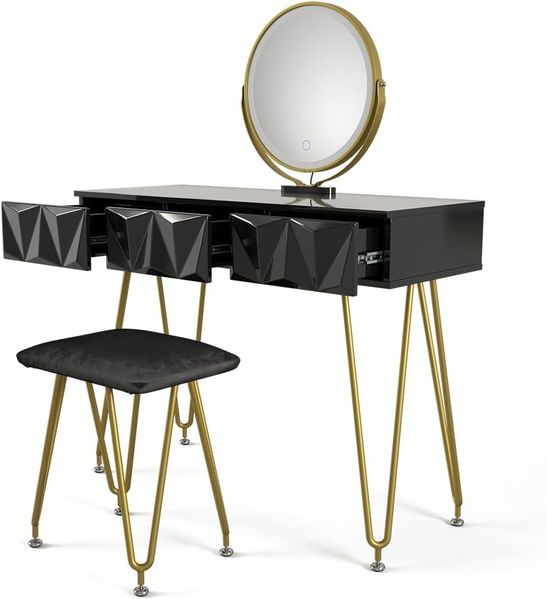 Schminktisch Ruby Schwarz 100 cm mit LED-Spiegel und Hocker Vicco Bild 7