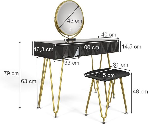 Schminktisch Ruby Schwarz 100 cm mit LED-Spiegel und Hocker Vicco Bild 3
