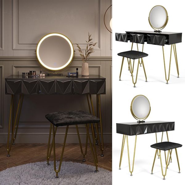 Schminktisch Ruby Schwarz 100 cm mit LED-Spiegel und Hocker Vicco Bild 4