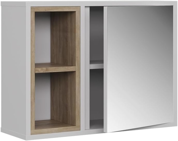 Spiegelschrank Elnor Weiß/Eiche 60 x 45 cm mit 2 offenen Fächern & 1 Tür Vicco