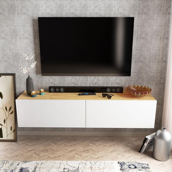 Hanah Home Scandinavian TV Stand, White & Walnut, 159.7 cm | 100% Melamine Coated Particle Board, 18 mm Thick | Stylish & Functional for Modern Living Rooms