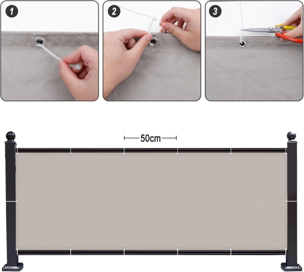 SUNNY GUARD Balkon Sichtschutz 90x800 cm Balkonabdeckung PES UV-Schutz Balkonverkleidung wetterfester,mit Kabelbinder,Taupe Bild 4