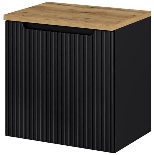 Waschbeckenunterschrank Skelbolu mit 2 Türen 60x60x40cm Schwarz/Eichenoptik [en. casa]