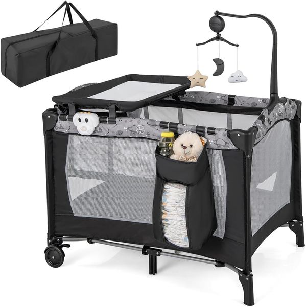 COSTWAY 3 in 1 Beistellbett klappbar, Reisebett mit Matratze, Hängespielzeug, Spieluhr, Wickeltisch & Tragetasche, 2 Ebene Babybett mit Rollen für Baby bis 36 Monaten (Grau)