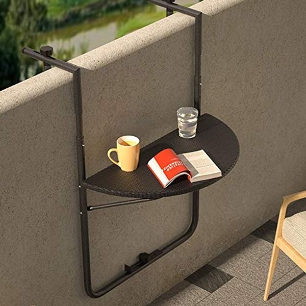 BAKAJI Geländertisch für den Außenbereich, zusammenklappbar, platzsparend, höhenverstellbar, aus Metall und Tischplatte aus Polyrattan Xon, Größe 60x64 cm (Schwarz)