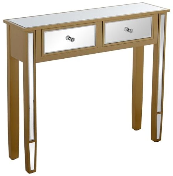 DRW Konsolentisch aus Holz und Spiegel mit 2 Schubladen in Gold und Spiegel, 90 x 25 x 80 cm