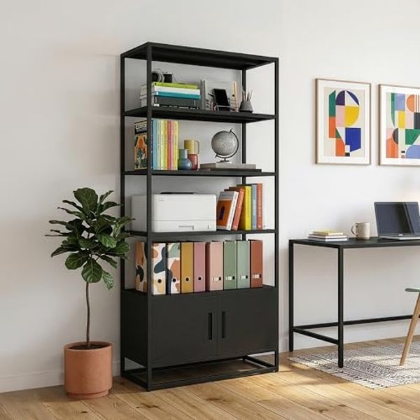 Bücherregal mit Schrank Hailuoto 80x40x180 cm Stahl Schwarz, matt [en. casa]