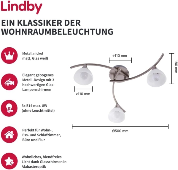 Lindby Deckenleuchten Della, Glas Alu IP20, 3x4 W LED Bild 2