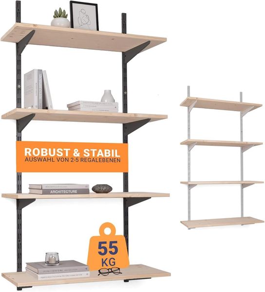 BOOMET Wandregal Metall Regal mit Fichtenböden · Regalsystem in 50 Größen ·, 80 15-tlg, Bausatz · Wandschienen Regalsystem · Regalträger Schienensystem