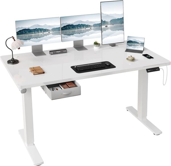 JUMMICO Stehtisch elektrisch höhenverstellbar mit Schublade und Haken, weiß, 160x80 cm