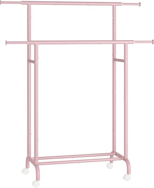 Songmics Kleiderständer auf Rollen, doppelte Stangen, ausziehbare Kleiderstangen, Garderobenständer aus Stahlrohren, bis 80 kg belastbar, 83-120 cm breit, Pastellrosa