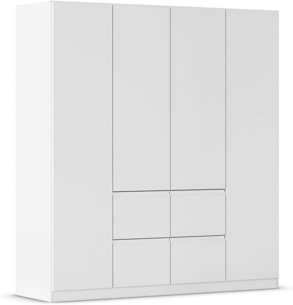 Rauch Möbel Bristol, Drehtürenschrank, Kleiderschrank, Schrank, Garderobe, 4-türig, 4 Schubladen, Farbe Weiß, Griffprofil Weiß, Push-to-Open, 181 x 197 x 54 cm