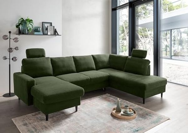 Wohnlandschaft >Pris< U-Form, Funktionen, cord moosgrün - 153x305x75x200 (LxBxHxT)