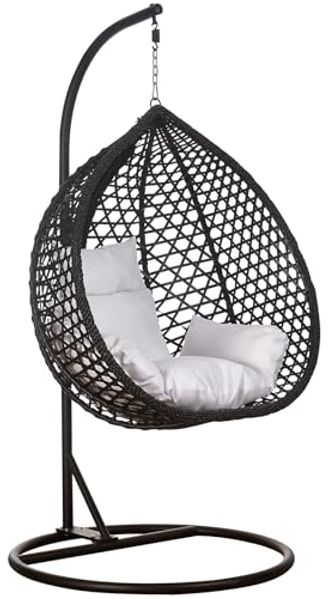 Luxus Hängesessel Style XXL Rattan Korb Gestell Schwarz mit Relaxkissen Weiss