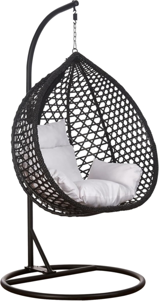 RAMROXX Hängesessel Luxus Hängesessel Style XXL Rattan Korb Schwarz mit Relaxkissen Weiss