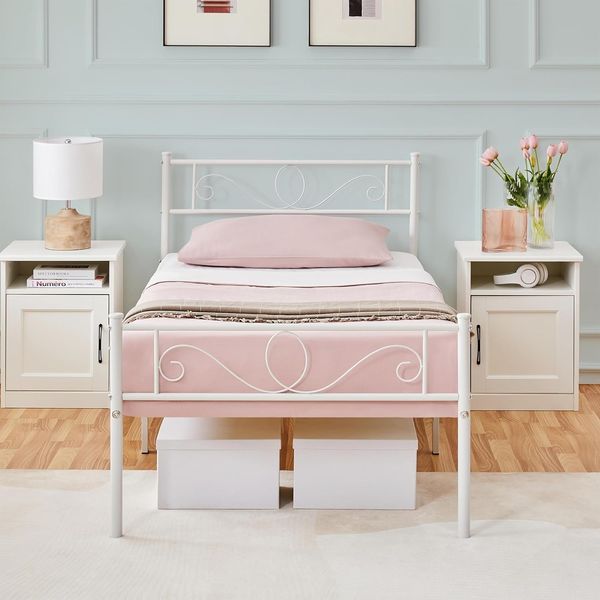 Yaheetech Bettrahmen 90x200 cm Metallbett mit Lattenrost Einzelbett/Doppelbett Gästebett Jugendbett mit Kopfteil für Schlafzimmer Gästezimmer Weiß