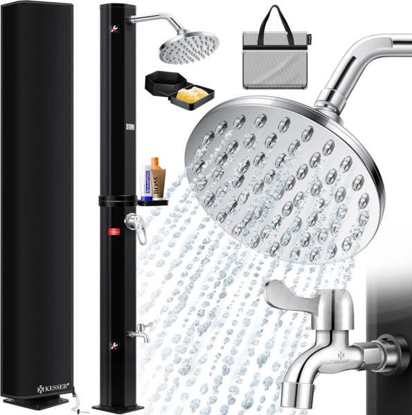 KESSER® Solardusche 40- 60 Liter Solar Gartendusche | warmes Wasser | max. 60°C | Inkl. Metall-Duschablage & Schutzhaube | Pooldusche Camping| Regenduschkopf und Wasserhahn Gartenschlauch-Anschluss Schwarz, 40 Liter