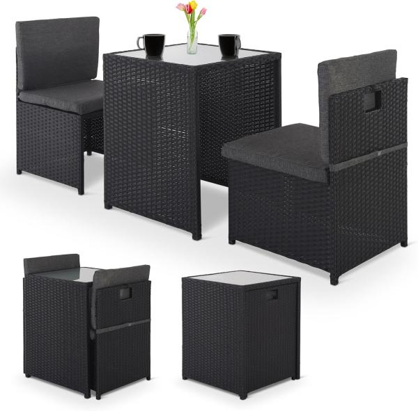 Raburg Balkonmöbel Set HANNAH in SCHWARZ/SCHIEFER - abnehmbare, gehärtete Glasplatte - 3-teiliges Set, kompakt & robust aus Stahl & Polyrattan, mit bequemen Polstern