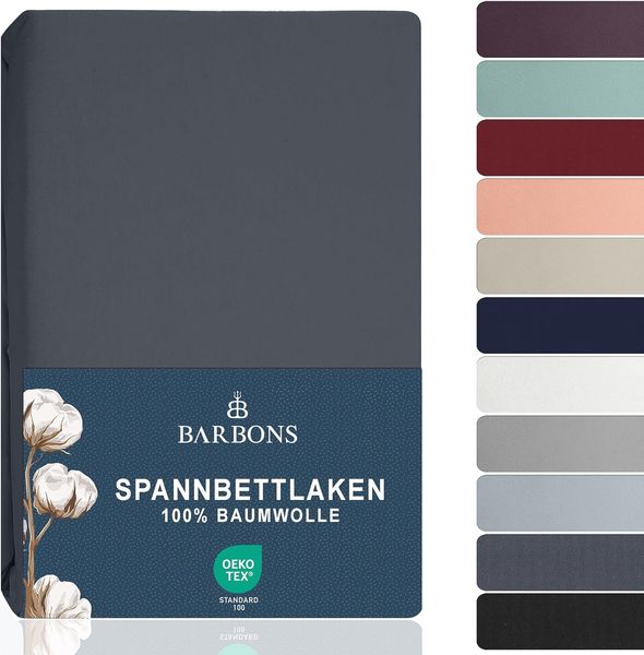 BARBONS Spannbettlaken 120x200 cm - 100% Baumwolle Spannbetttuch Oeko-TEX Zertifiziert Bettlaken Jersey Bettwaren und Bettbezug für Boxspringbett und Dicke Matratzen bis 27 cm - Dunkelgrau 120x200