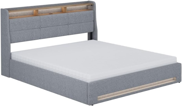 Polsterbett Christin Grau/Eiche 180x200 mit LED, USB-Anschluss & Matratze Vitalispa
