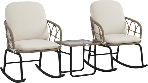 Outsunny Sitzgruppe Rattan Schaukelstuhl-Set, Gartenmöbel-Set mit 2 Stühlen, 1 Couchtisch, (Gartensitzgruppe, 3-tlg, Gartengarnitur), mit Kissen, für Balkon, Terrasse, Creme