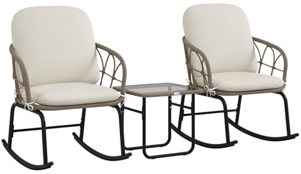 Outsunny Sitzgruppe Rattan Schaukelstuhl-Set, Gartenmöbel-Set mit 2 Stühlen, 1 Couchtisch, (Gartensitzgruppe, 3-tlg, Gartengarnitur), mit Kissen, für Balkon, Terrasse, Creme
