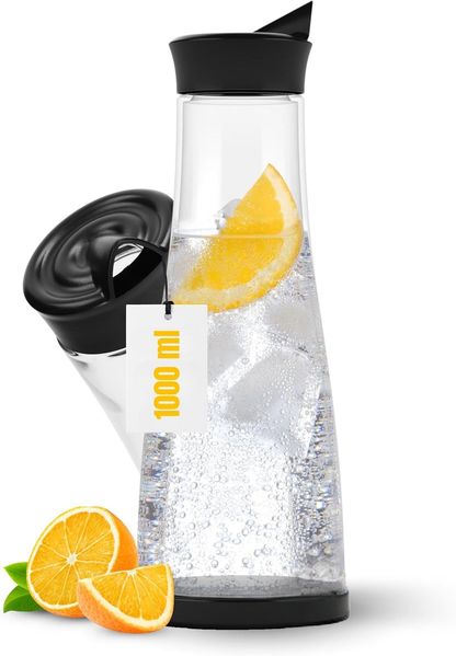 elasto Wasserkaraffe 1 Liter Karaffe mit Deckel und praktischem Ausgießer für zu Hause