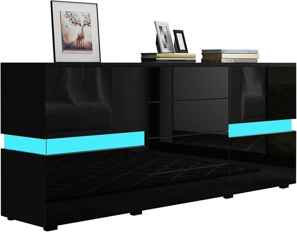 Senvoziii Sideboard Kommode in Hochglanz Schwarz Highboard Anrichte Standschrank mit 2 Türen 4 Schubladen und LED Beleuchtung 177 cm