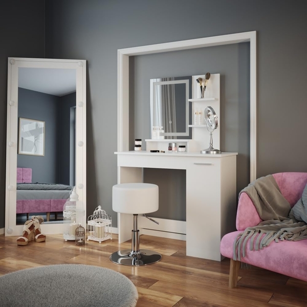 Schminktisch Julia Weiß 90 cm mit LED-Spiegel und Hocker Vicco