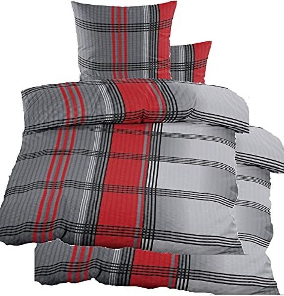 KH-Haushaltshandel Bettwäsche 4-tlg. Seersucker Bettwäsche 2x (135x200 +80x80cm), Seersucker, rot grau schwarz, kariert, bügelfrei, Microfaser